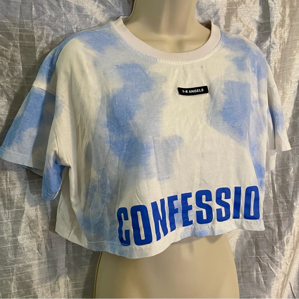 Y-R Angels crop top “CONFESSION” tie dye SZ M GUC, oversized cloud pattern